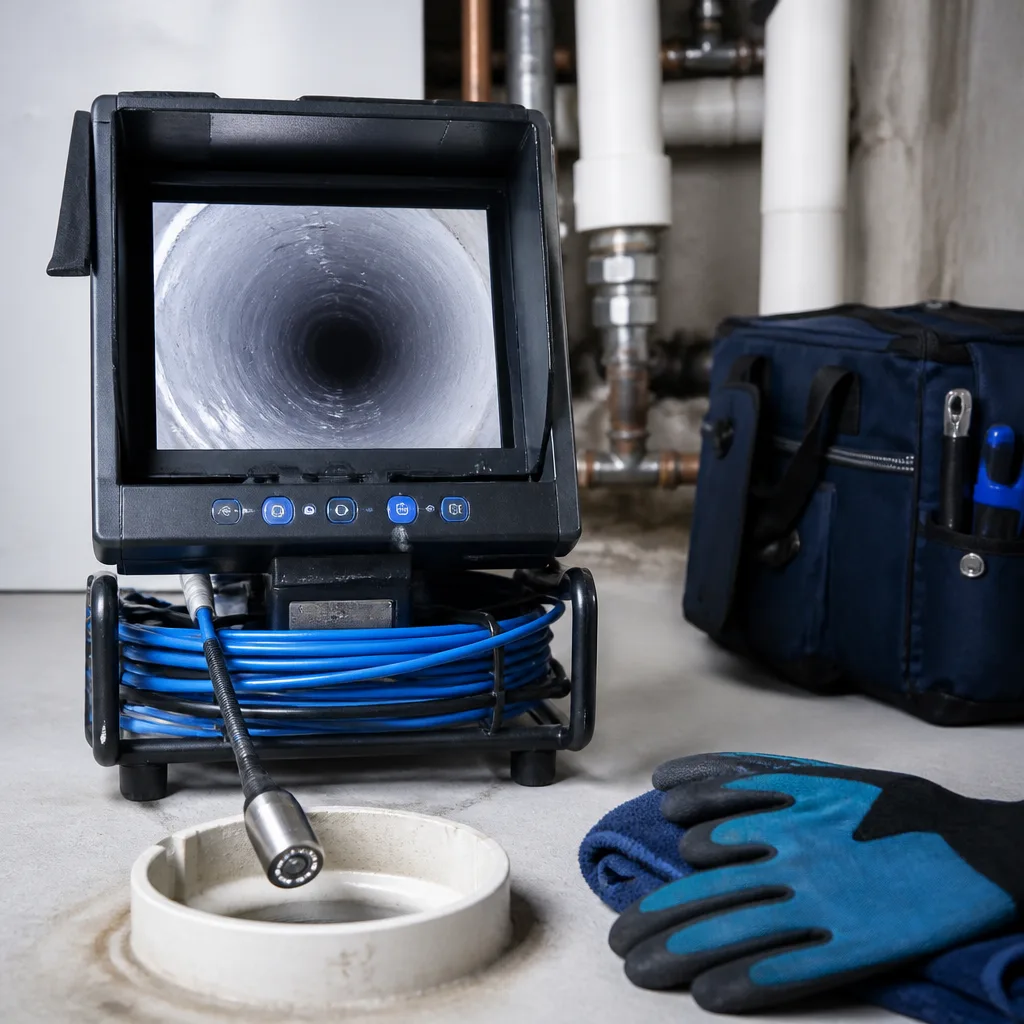 Illustrative generated image of a drain camera monitor and inspection cable; not company equipment