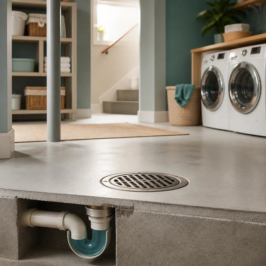 Illustrative clean basement floor drain with visible trap; AI-generated, not a job photo