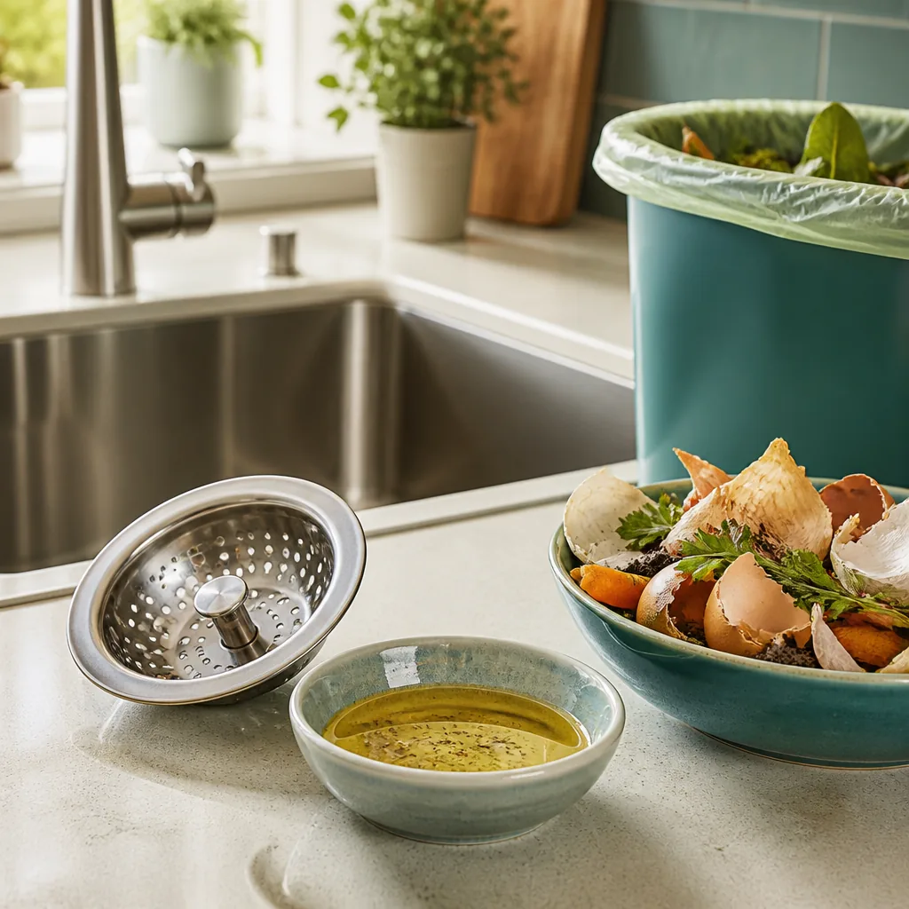 Illustrative kitchen sink strainer and food scraps set aside for disposal; AI-generated image