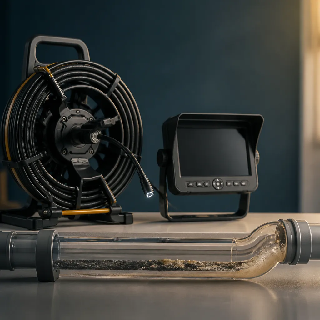 Illustrative drain camera equipment and a pipe cross-section